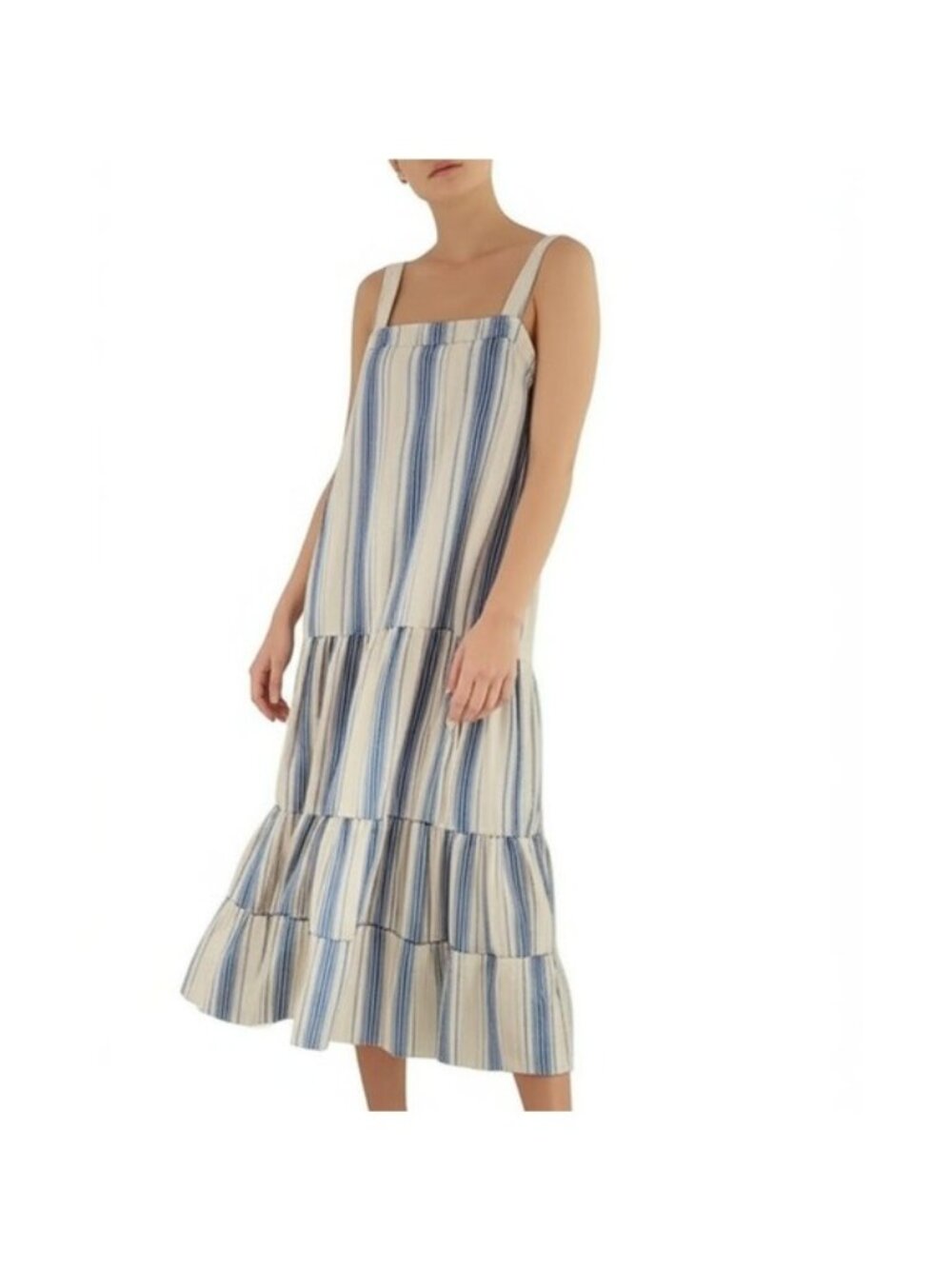 NWT LOVE ADY WO-7214 Blue Striped Tiered Ruffle Strap Dress Medium